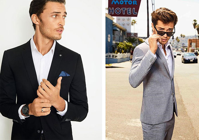 Skinny black suits and soft grey tailoring gives a contemporary look for mens wedding suits.